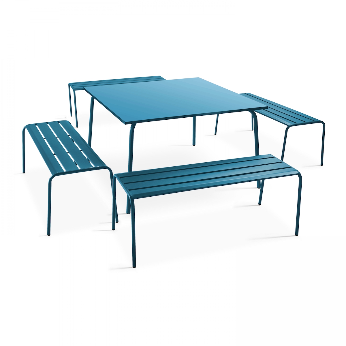 Oviala Business Set aus quadratischem Gartentisch und 4 Bänken aus Metall in pazifikblau Image