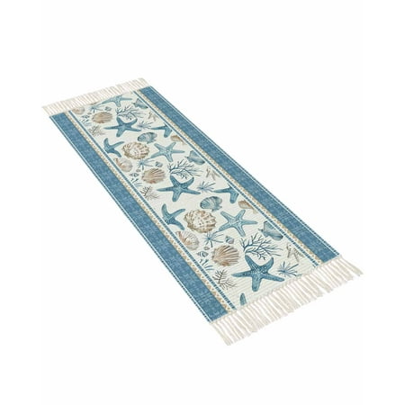 Blue Coastal Starfish Hallway Runner Rug 2 x6 Laundry Room Washable Woven Cotton Area Rug Southwest Aztec Nautical Shell Conch Seaweed Non Slip Throw Rug Carpet for Bedroom Kitchen Bathroom