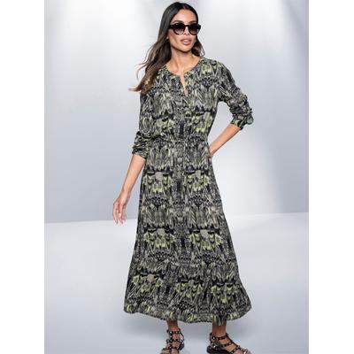 Druckkleid HEINE "Druck-Kleid", Damen, Gr. 40, Normalgrößen, schwarz (khaki, schwarz, bedruckt), 100% Viskose, gemustert, mehrfarbig, bedruckt, lang, Rundhals, Langarm, Kleider Image