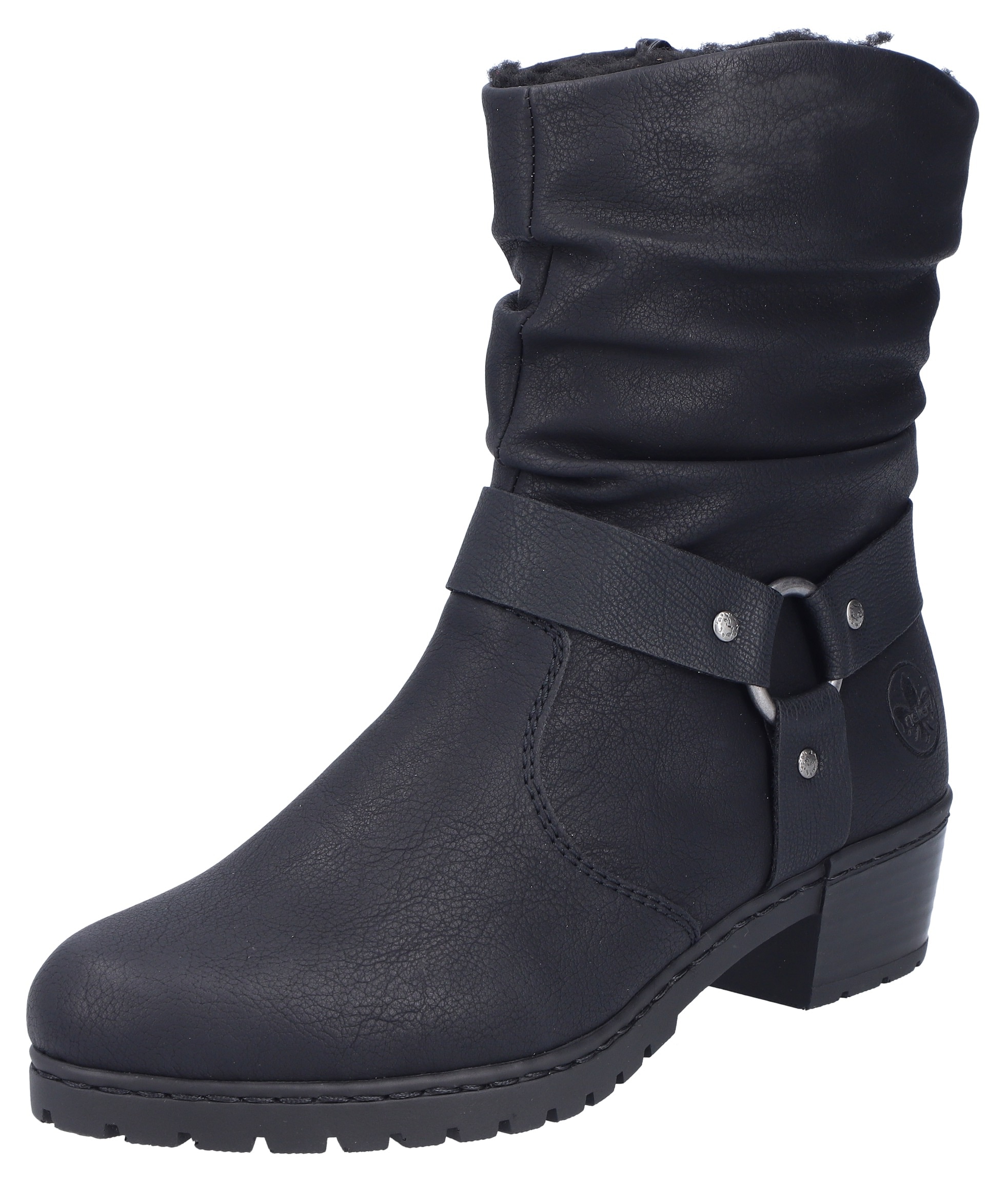 Winterstiefelette RIEKER, Damen, Gr. 36, schwarz, Lederimitat, unifarben, Schuhe Winterstiefelette, Westernstiefelette, Cowboyboots, Blockabsatz, mit Zierriemen, Topseller