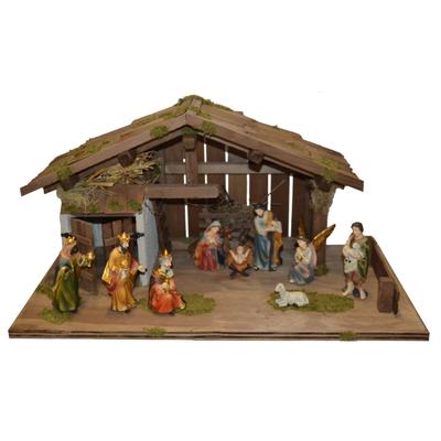Krippe ALFRED KOLBE "Krippenstall", braun, B:70cm H:37cm T:30cm, Holz, Weihnachtskrippen, mit 15 cm Poly-Figuren 11tlg. Image