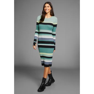 Strickkleid KANGAROOS, Damen, Gr. 34, N-Gr, grün (mint, gestreift), Feinstrick, Obermaterial: 50% Baumwolle, 50% Polyacryl, casual, kniebedeckend, Rundhals, Langarm Rippbündchen mit Daumenlöchern, Kleider, mit Alloverstreifen Image