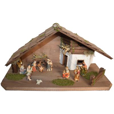 Krippe ALFRED KOLBE "Krippenstall", braun, B:55cm H:28cm T:25cm, Holz, Weihnachtskrippen, mit 9 cm Poly-Figuren 11tlg.