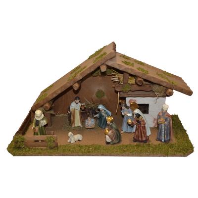 Krippe ALFRED KOLBE "Krippenstall", braun, B:55cm H:27cm T:25cm, Holz, Weihnachtskrippen, mit 11 cm Poly-Figuren 11tlg. Image