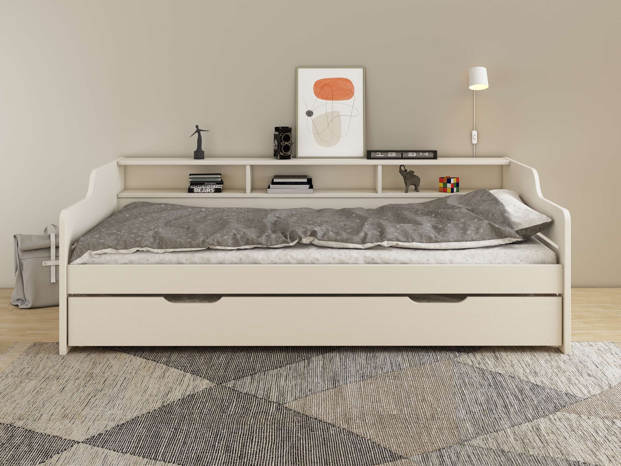 Daybett HOME AFFAIRE "REETE1", Stauraum, Funktionsbett, Kinderbett, inklusive Schubkasten", weiß (weiß, weiß), B:110,9cm H:69,4cm L:205,1cm, Daybetten, mit Regalen, FSC zertifiziertes Massivholz (Kiefer), Landhausstil Image