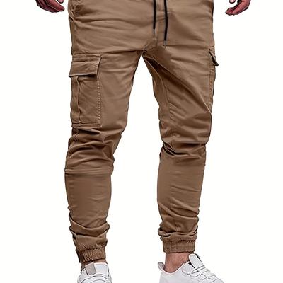 TEMU Men's Drawstring Cargo Pants, Sporty Clothing For Casual , Solid Color Multi Pockets Trouser