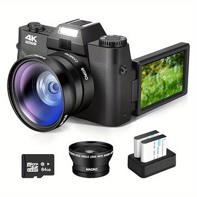 TEMU 4k Digital Camera, Vlogging Camera With Wifi For Youtube, Autofocus 16x Zoom 48mp Cameras Photography 64gb Sd Card, Wide Angle & Macro Lens, 2 Batteries, 180Â°flip Screen, Black