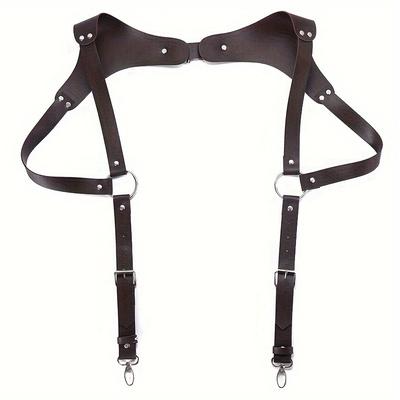 TEMU Men's Sleek Black Pvc Faux Leather Suspenders - Adjustable, Gothic Style With Rivet Detail