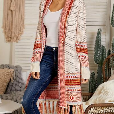 TEMU Women Boho Cardigan Sweater Long Open Front Maxi Knit Sweaters Aztec Tribal Tassel Fringe Thin Coat