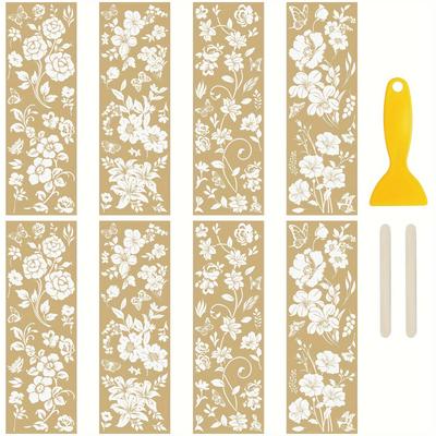 TEMU Golden Floral Rub-on Transfer Stickers - 8 Sheets, Paper Material, Single Use, Decorative Gilding Decals For Diy Scrapbooking, Albums, Furniture, Craft Projects - Suitable For 14+