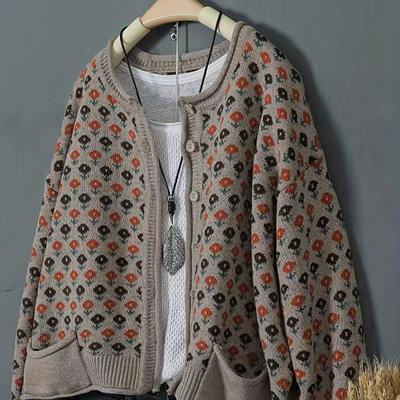 TEMU Chic Vintage-inspired Knit Cardigan - Casual Long Sleeve, Loose Fit With Geometric Pattern, Machine Washable - Fall/winter