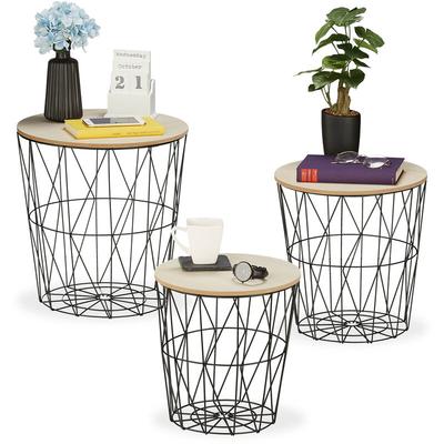Relaxdays - Korbtisch 3er Set, rund, Korb Beistelltisch Wohnzimmer, Metall & Holzoptik, 3 Größen, Image