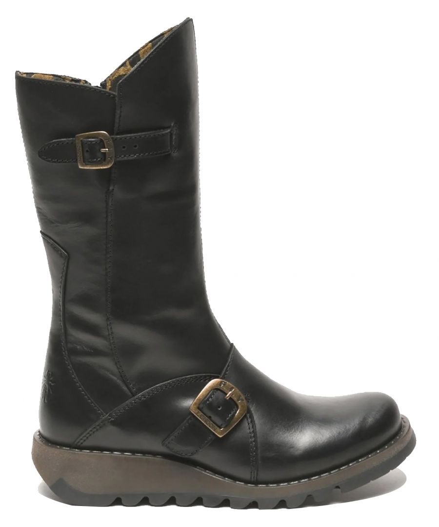 Fly London Damen MES 2 Plateaustiefel mit Keilabsatz, Schnalle, halbhohem Schaft, Reißverschluss, Schwarz