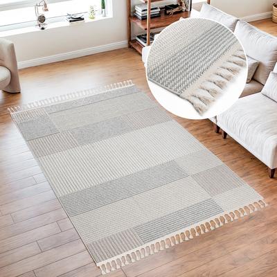 Teppich MY HOME "Nathan" Gr. 3, grau (hellgrau), B:120cm H:6mm L:180cm, Kunstfaser, Teppiche, Woll-Optik, Hoch-Tief Struktur, In- und Outdoor geeignet, mit Fransen Image
