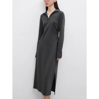 ZIQIAO Petite Size French Pleated Waist Cinched Polo Dress for Women 2024 Autumn New Item Medium Long A-line Dress 24ZQ93232