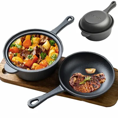 2in1 Cast Iron Pot and Frying Pan Lid Set Preseasoned Skillet for Grill Baking Cooking Dual Function Dutch Oven 7"Kitchen Cooker