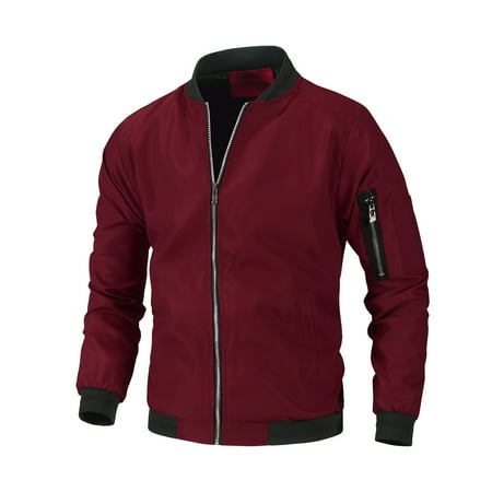 BXINGOHAI bomber jackets for men big and tall zip pockets jacket full zip solid Stand Collar jackets outdoor Baseball Uniform shirts Wine XXL
