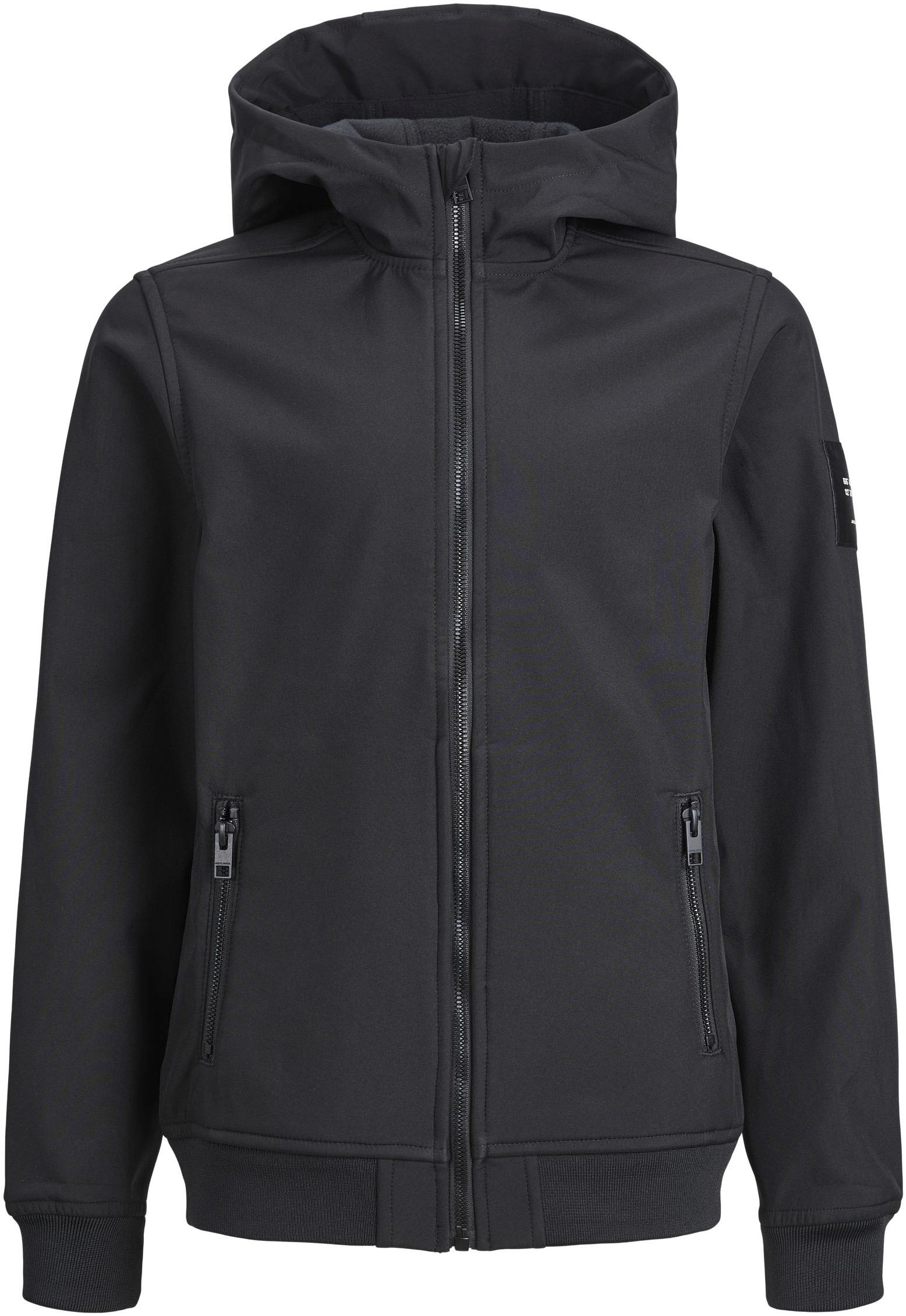 Softshelljacke JACK & JONES JUNIOR "JJEBASIC ideal für Übergang, wasserabweisend", Jungen, Gr. 116, schwarz, Web, Obermaterial: 100% Polyester, unifarben, normal normal, Rippbündchen, Jacken Softshelljacke, unifarben, casual, regular fit, Kapuze