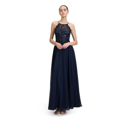 Abendkleid VERA MONT "Vera Mont Abendkleid rückenfrei", Damen, Gr. 38, Normalgrößen, blau (night sky), Obermaterial: 100% Polyester. Besatz: 100% Polyamid. Futter: 100% Polyester., festlich, Basic schmal lang, Neckholder, ohne Ärmel, Kleider, Spitze Image