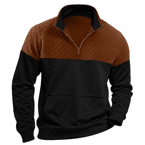 Herren Waffel-Sweatshirt Zur Seite fahren Sweatshirt mit Viertelreißverschluss Schwarz Armeegrün Marineblau Khaki Hell Gray Stehkragen Troyer Halber Reißverschluss Farbblock Tasche Farbblock Arbeit Image