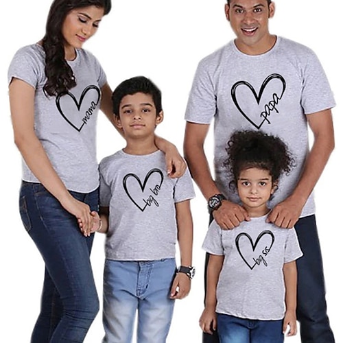 Familie T-Shirt Familiensets Baumwolle Herz Buchstabe Strasse Bedruckt Schwarz Weiß Hell Gray Kurzarm Mama und ich Outfits Aktiv Passende Outfits Image