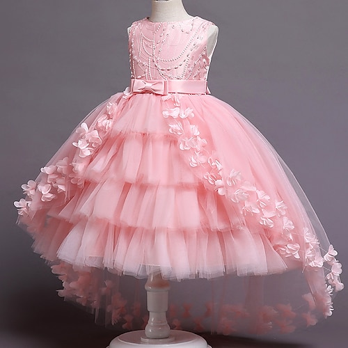 kinderkleidung Mädchen Blumenmädchen Kleid Kleid Einfarbig Ärmellos Leistung Hochzeit Party Gitter Schleife Prinzessin Süß Baumwolle Tüll Asymmetrisch A Linie Kleid Sommer Frühling 3-12 Jahre Wei Image
