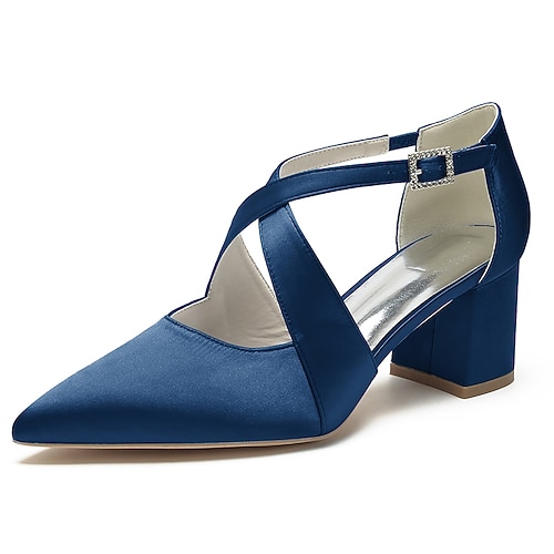 elegante Damenschuhe aus weißem Satin mit spitzer Spitze und Blockabsatz – überkreuztes Riemchendesign für Hochzeiten, formelle Partys und besondere Anlässe Image