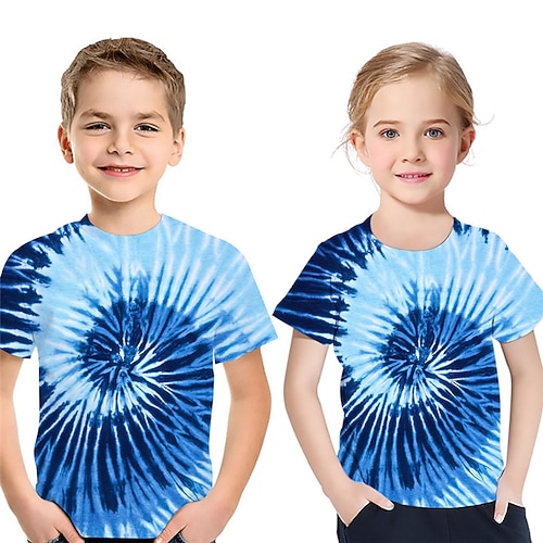 Kinder Jungen Mädchen T-Shirt Kurzarm 3D-Druck Batik Schwarz Blau Rosa Kinder Oberteile Frühling Sommer Basic nette Art Täglich Outdoor Regular Fit 3-12 Jahre Image