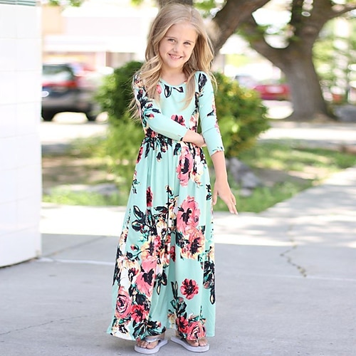 kinderkleidung Mädchen Kleid Blumen Langarm Täglich Strand Rüschen Boho Schön Polyester A Linie Kleid Frühling Herbst 3-12 Jahre Hellblau Rosa Schwarz Image
