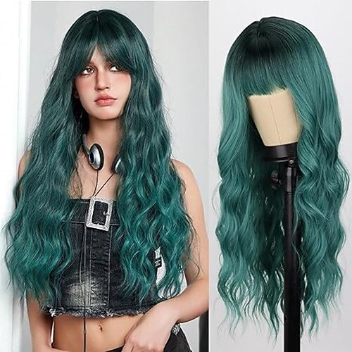 gewellte Perücke mit Pony, lange Perücke für Frauen, hitzebeständige synthetische Perücken, für den Alltag, Party, Urlaub, Festival, Weihnachten, Reisen, gebraucht Image