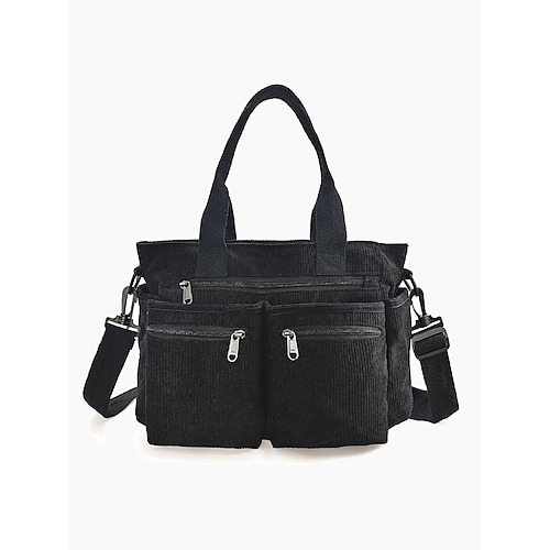 Vintage Cord-Einkaufstasche mit mehreren Reißverschlusstaschen - lässige Handtasche für Damen