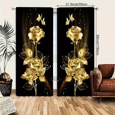 TEMU Rose Golden Flora Prints Curtain Panels, Blackout Easy-care Privacy Window Drapes, Rod Pocket Window Treatments For Bedroom, Living Room, Dormitory, Office, Valentine's Day Gift, Home Decoration