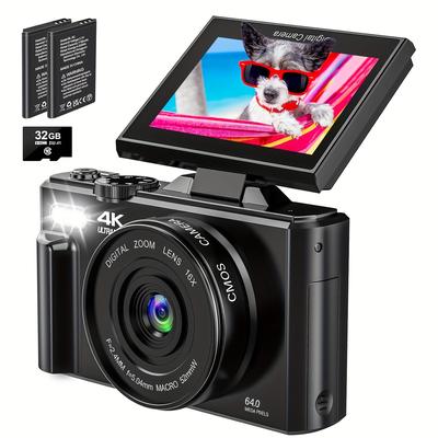 TEMU 4k Digital Camera 64mp 18x , Auto- 4k Video Camera With 32gb Sd Card, 3.0 Inch Flip Screen Compact Camera With 2 Batteries