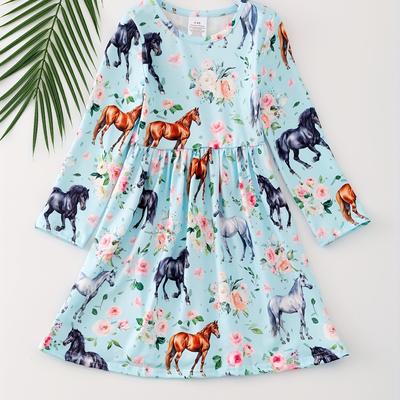 TEMU Cute Flowers & Horses Pattern Long-sleeve Dress For Girls, Spring & Fall Stylish Casual Dresses, Party, As Gift