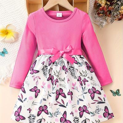 TEMU Girls Sweet & Stylish Long Sleeve Ribbed Flowers And Butterflies Pattern Belted Dress For Spring & Fall, Perfect For Birthday Party