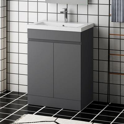 60 cm Badmöbel Set Unterschrank soft close Standschrank Selbstmontierter mit Weiß Mineralguss Image