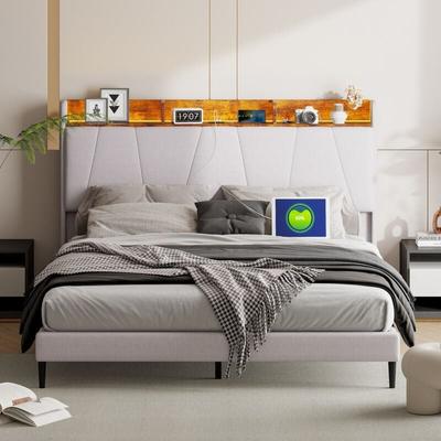 Doppelbett 160x200 cm mit LED-Beleuchtung, Bettgestell mit Stauraumteiler-Kopfteil, Lattenrost, Image