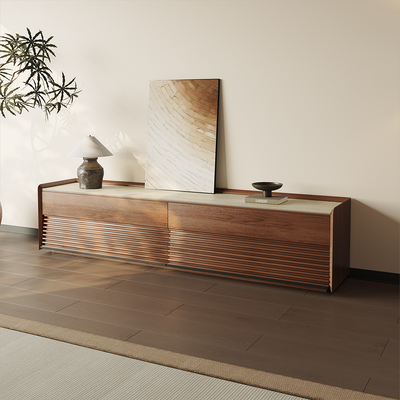78.74" Mid-Century Matte Travertine Stone Tabletop TV Stand, Modern Entertainment Center, Walnut Color Cabinet with Adjustable Light, Fully-Assembled, Perfect for 75-inch TVs