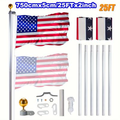 TEMU 20ft/25ft Sectional Flag Pole Heavy Duty Aluminum Flagpole Halyard Golden Ball Kit With 2 Usa Flags Set