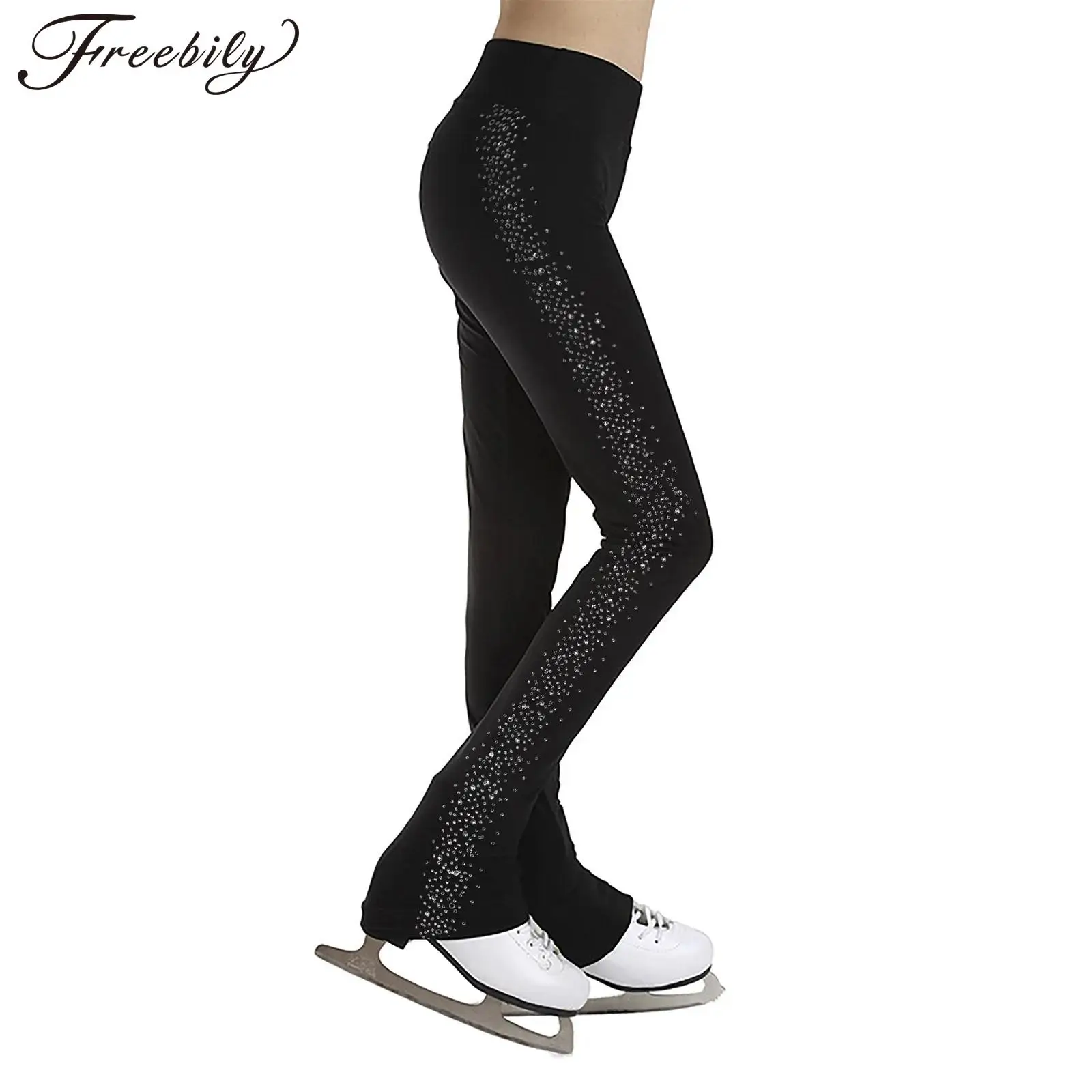 Pantalons de patinage artistique pour enfants filles, taille haute, strass, Leggings de danse, de gymnastique, de Ballet, d'entraînement au patinage sur glace