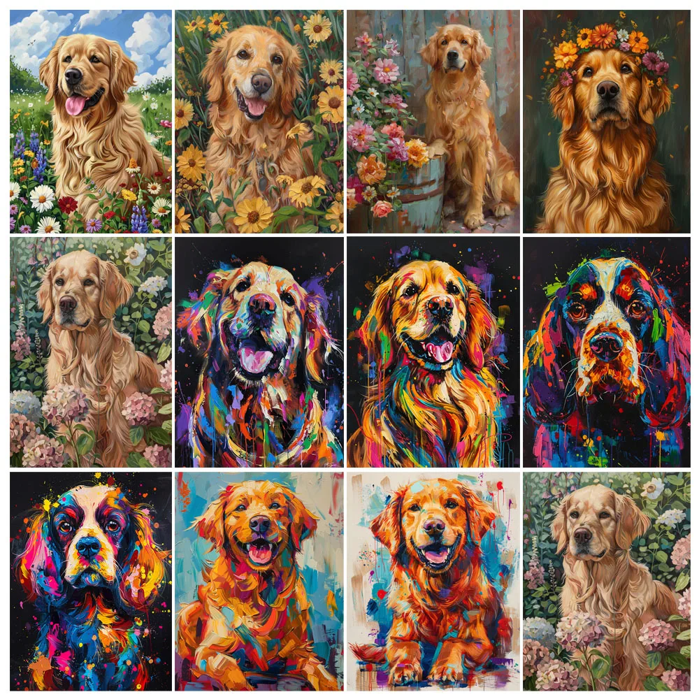 Peinture par numéros Kit peinture à la main chien Golden Retriever avec fleurs paysage bricolage acrylique œuvre Art cadeau décoration de la maison