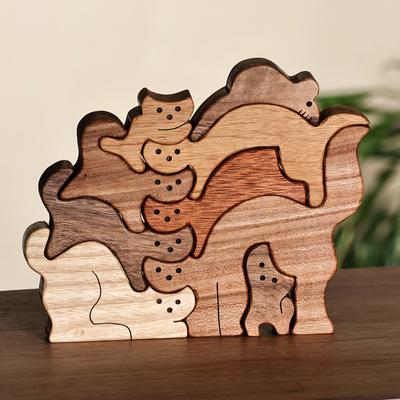 'Hand-Carved Cat-Themed 9-Piece Wood Puzzle Made in Armenia'