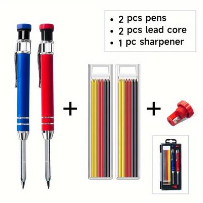 TEMU 1 Set 2 Boxes Of Refills + 2 Pencils Woodworking Pencil Deep Hole Engineering Drawing Marking Built-in Pencil Sharpener Woodworking Tools Metal Pen Holder