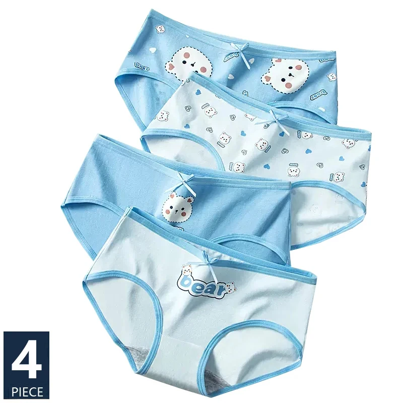 Culottes en coton imprimé pour femmes, sous-vêtements doux, nœud mignon, slips pour filles, culottes respirantes, taille basse, lingerie féminine, ensemble de 4 pièces