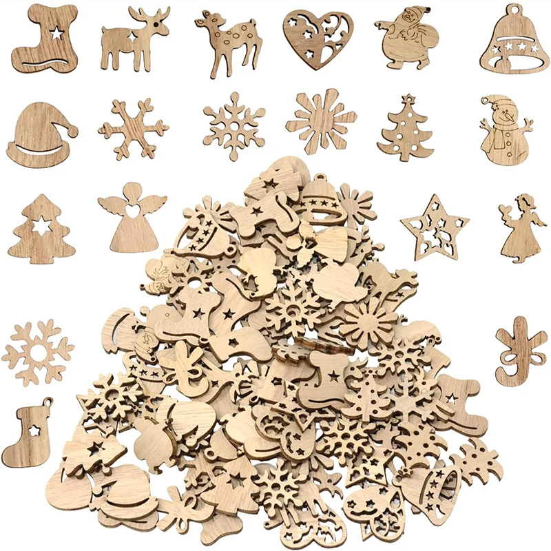 Ornements de noël en bois, tranches de bois inachevées, décor suspendu pour arbre de noël, artisanat de bricolage, ornements de noël, 50 pièces