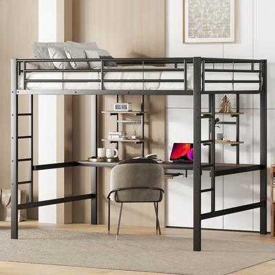 Redom - Etagenbett - Hochbett mit Schreibtisch, zwei Regalen, Treppe beidseitig - schwarz, 140x200 Image