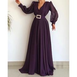 A-Linie Abendkleid Elegant Kleid Verlobung Formeller Abend Bodenlang Langarm V Ausschnitt Chiffon mit Schärpe / Band Falten 2025
