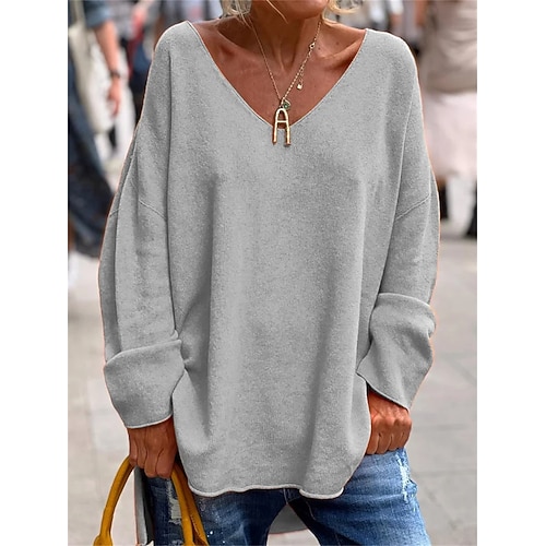 Damen Tunika Übergroßes Sweatshirt Pullover Sports Basic Neon Helle Einfarbige Straße Lässig V-Ausschnitt Lässiger Schnitt Langarm Schwarz Pink Orange Grau Herbst Winter Vorsaison