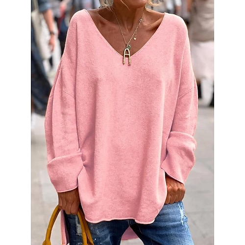 Damen Tunika Übergroßes Sweatshirt Pullover Sports Basic Neon Helle Einfarbige Straße Lässig V-Ausschnitt Lässiger Schnitt Langarm Schwarz Pink Orange Grau Herbst Winter Vorsaison