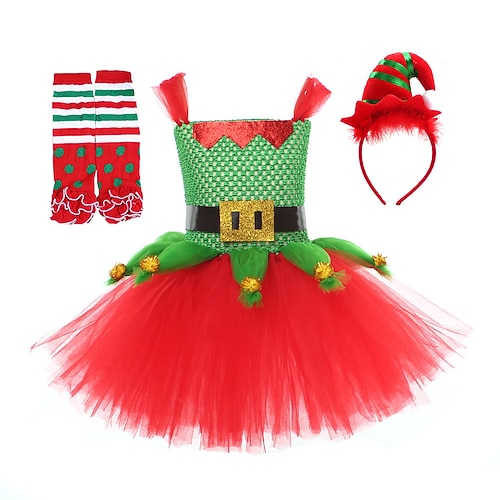 Elfo Abiti Tutu Costumi da Babbo Natale Ragazze Natale Bambini Natale Capodanno Vigilia di Natale Natale Feste Vigilia di Capodanno Vestito Copricapo Calzini